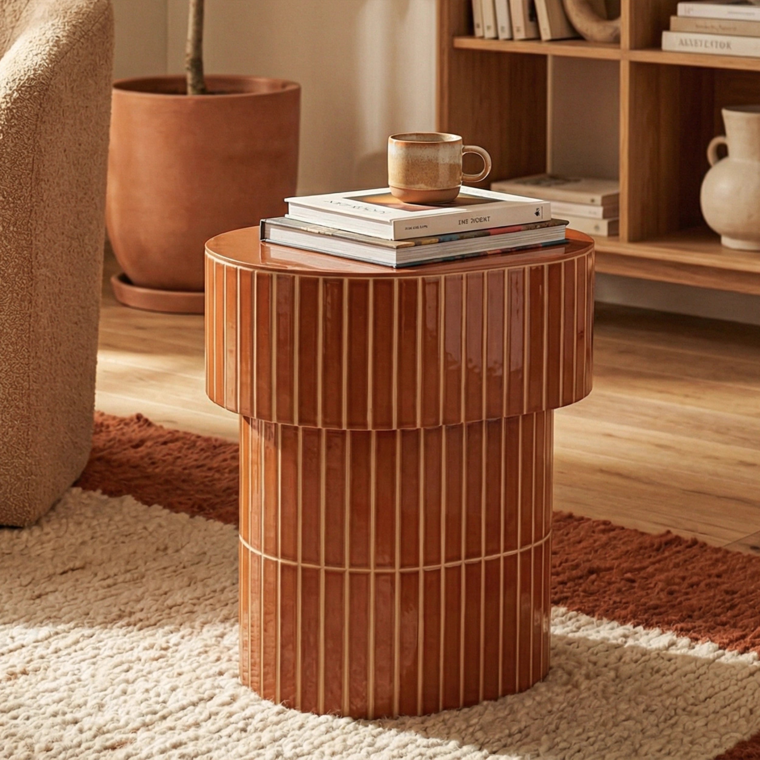 An oval side table with a glossy grooved ceramic finish, styled in a warm, modern living room setting with books and a mug on top.