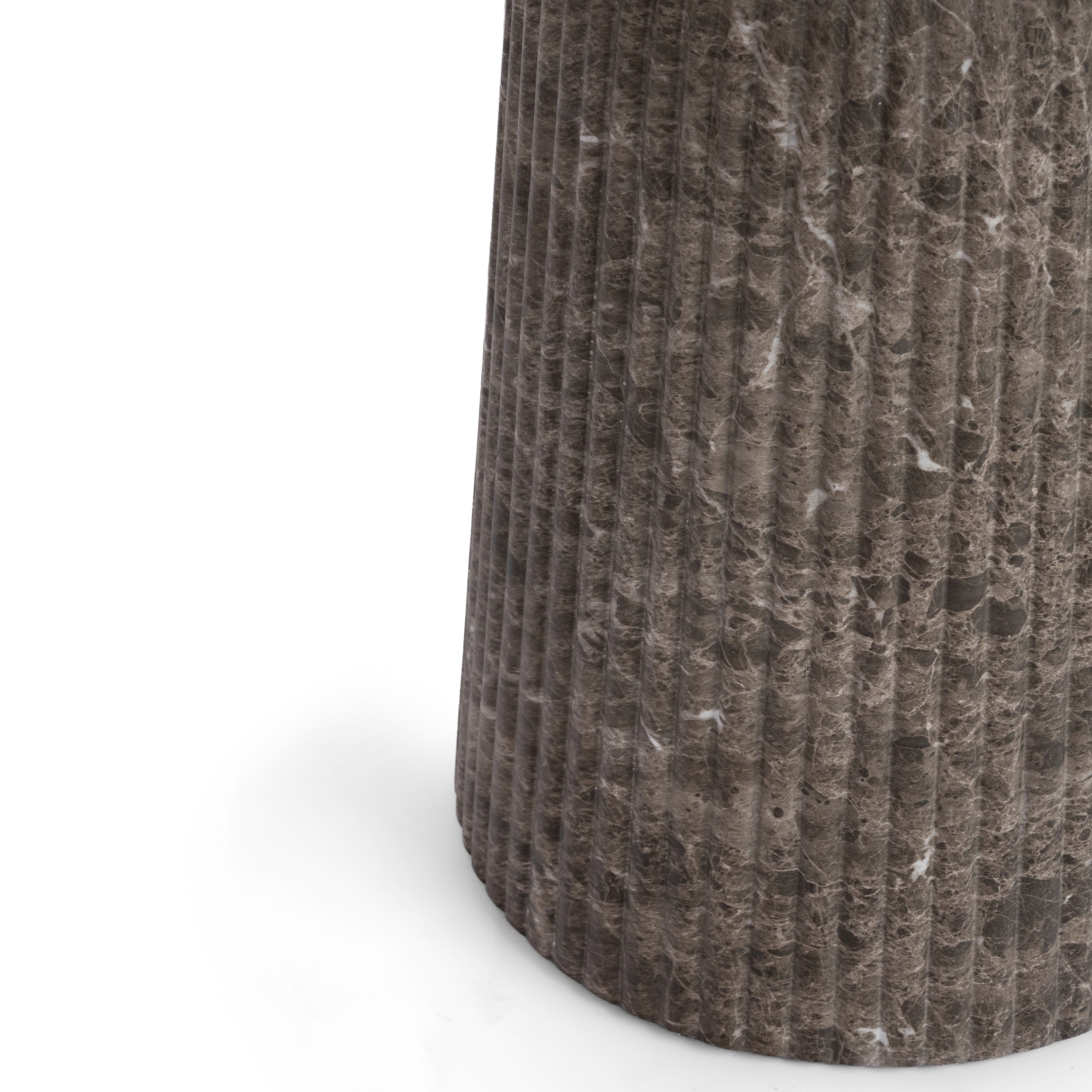 Close-up of a fluted round pedestal in a faux emperador marble finish, shown against a plain background.