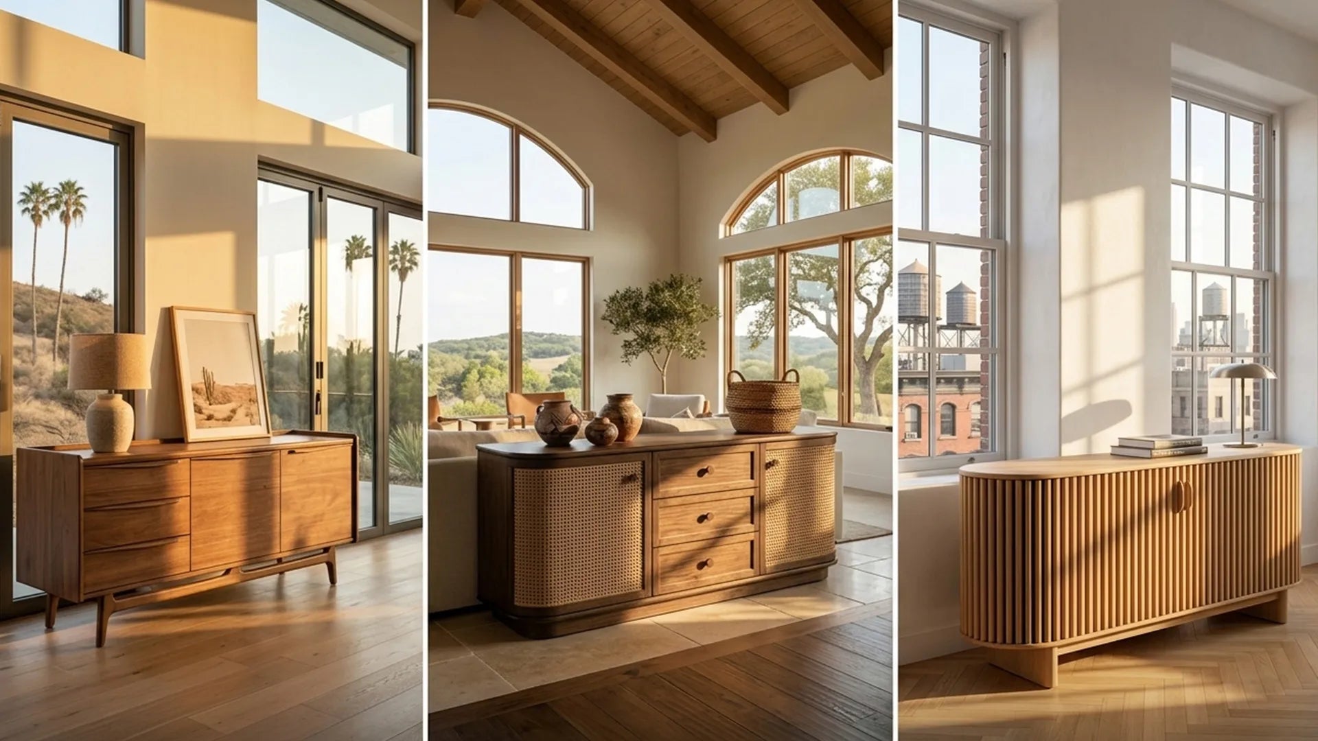 A triptych of three interior scenes showing wooden sideboards or credenzas in different room settings. The furniture is styled with lamps, framed art, and decorative objects, set against large windows with warm sunlight streaming in.