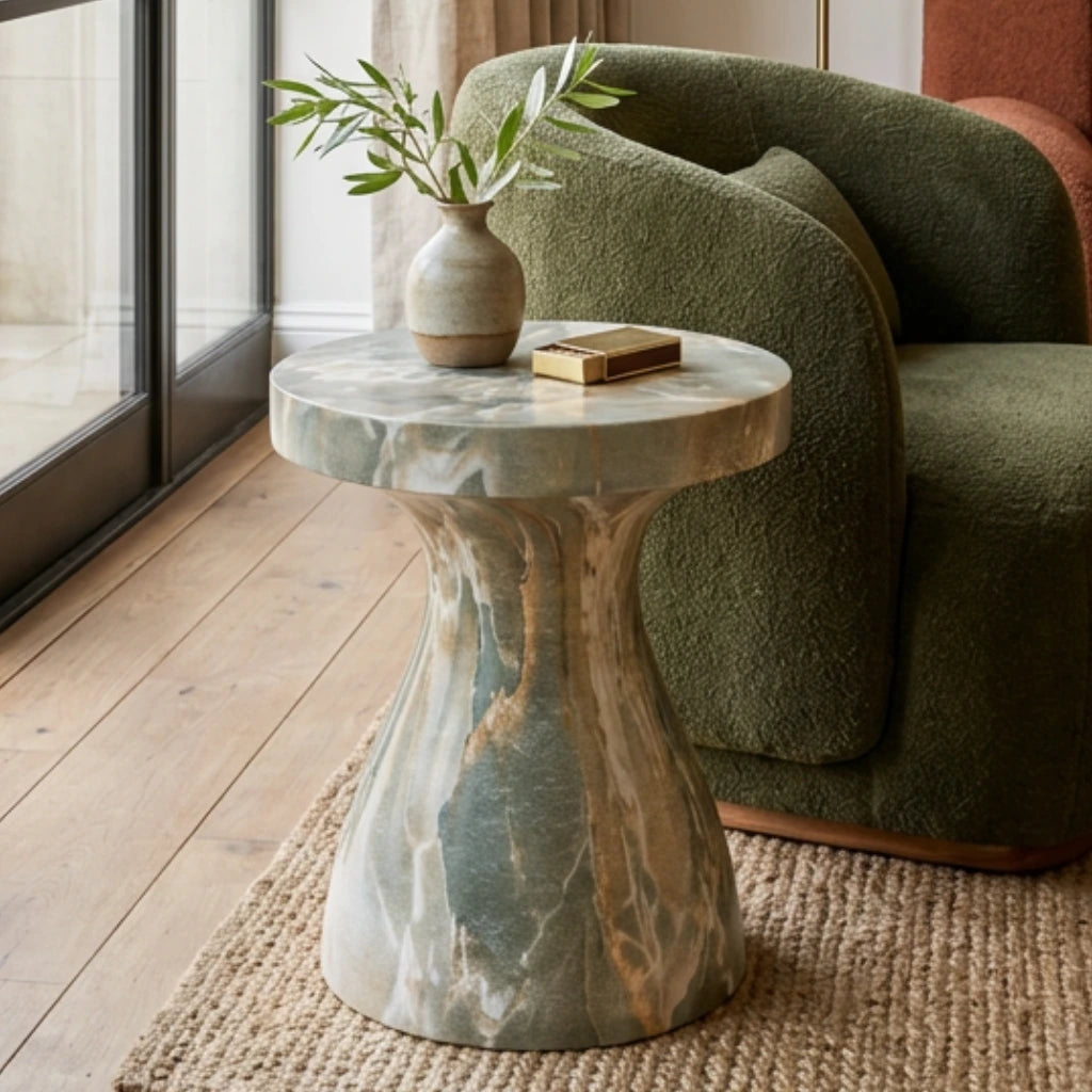 Green Faux Marble Side Table  in a contemporary living space #finish_faux-green-marble
