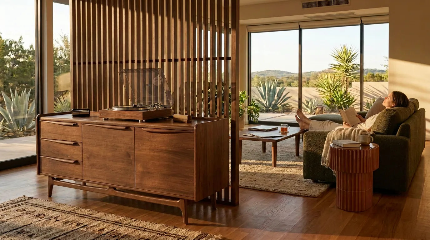 A mid-century modern wooden credenza or sideboard cabinet in a warm brown finish, styled in a sunlit living room with a slatted wood screen behind it. A person is reclining on a sofa in the background near large windows overlooking a desert landscape.
