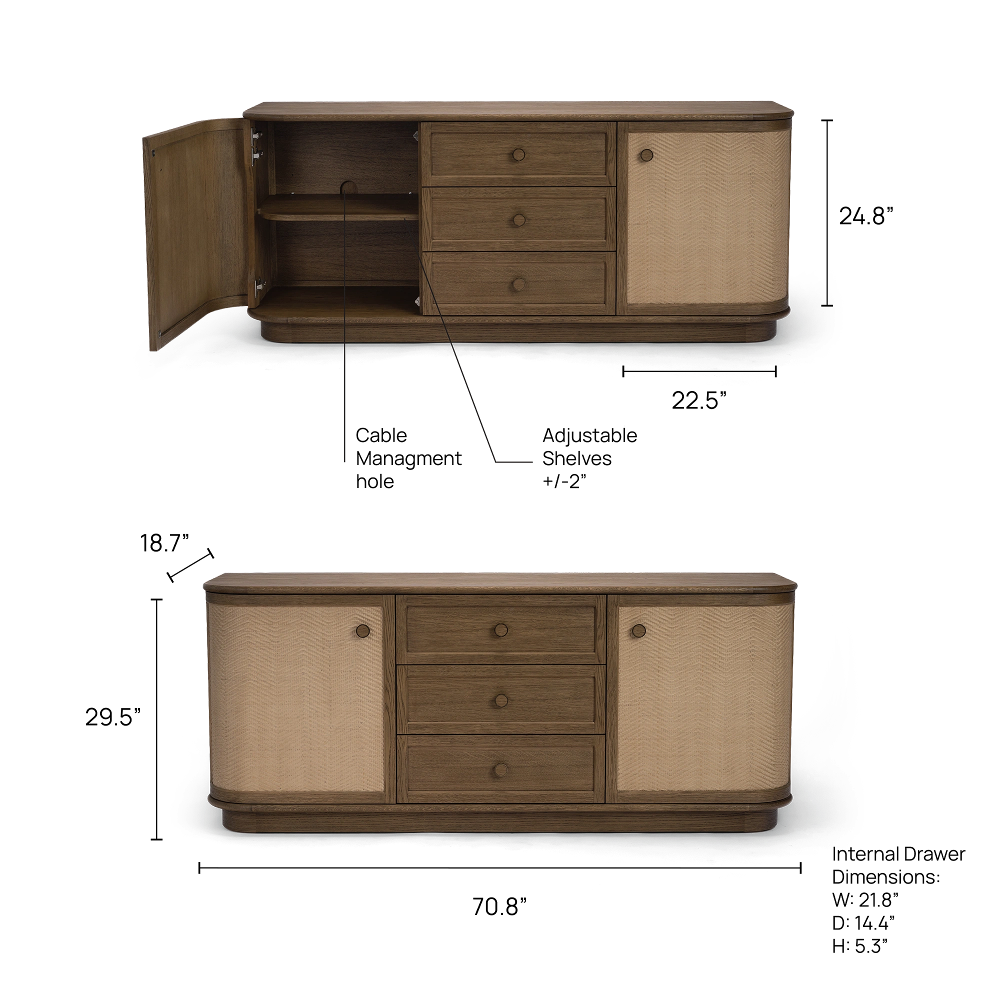 Bastian 71” Weathered Oak & Rattan Sideboard