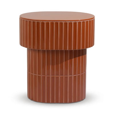 A modern oval side table or stool with a grooved ceramic tiled finish featuring a round top and a warm brown color, shown on a plain background.