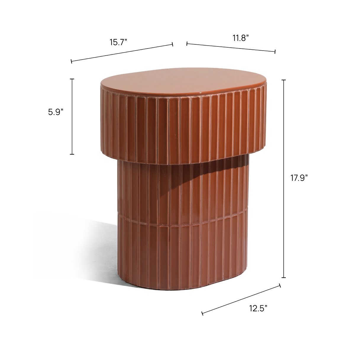 A modern oval side table or stool with a grooved ceramic tiled finish featuring a round top and a warm brown color, shown on a plain background.