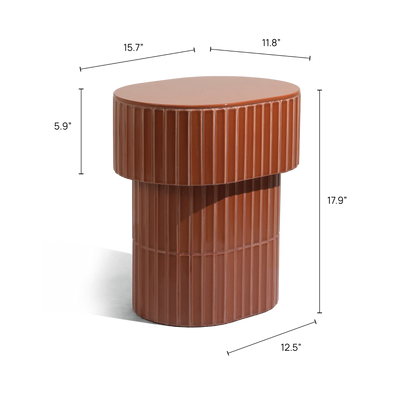 A modern oval side table or stool with a grooved ceramic tiled finish featuring a round top and a warm brown color, shown on a plain background.