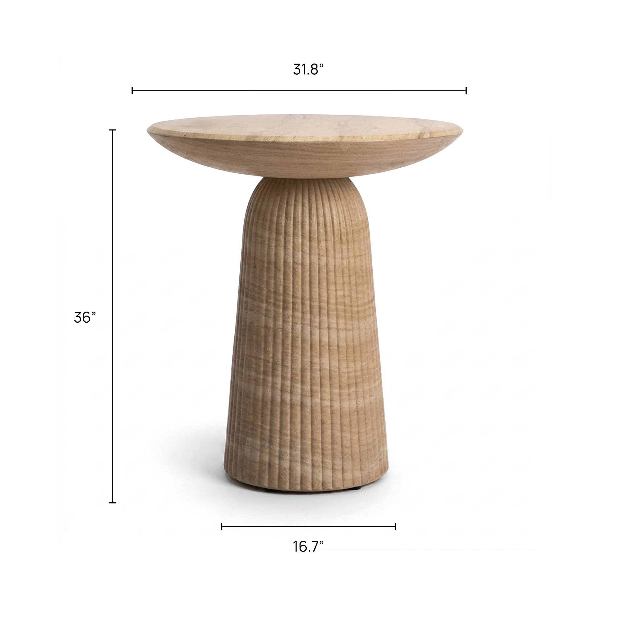 A concrete counter-height bar table in a faux travertine finish with fluted tapered pedestal base, shown on a plain background with dimension lines and measurements: 31.8 inches diagonally, 36 inches tall. 