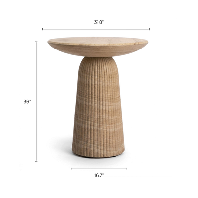 A concrete counter-height bar table in a faux travertine finish with fluted tapered pedestal base, shown on a plain background with dimension lines and measurements: 31.8 inches diagonally, 36 inches tall. 