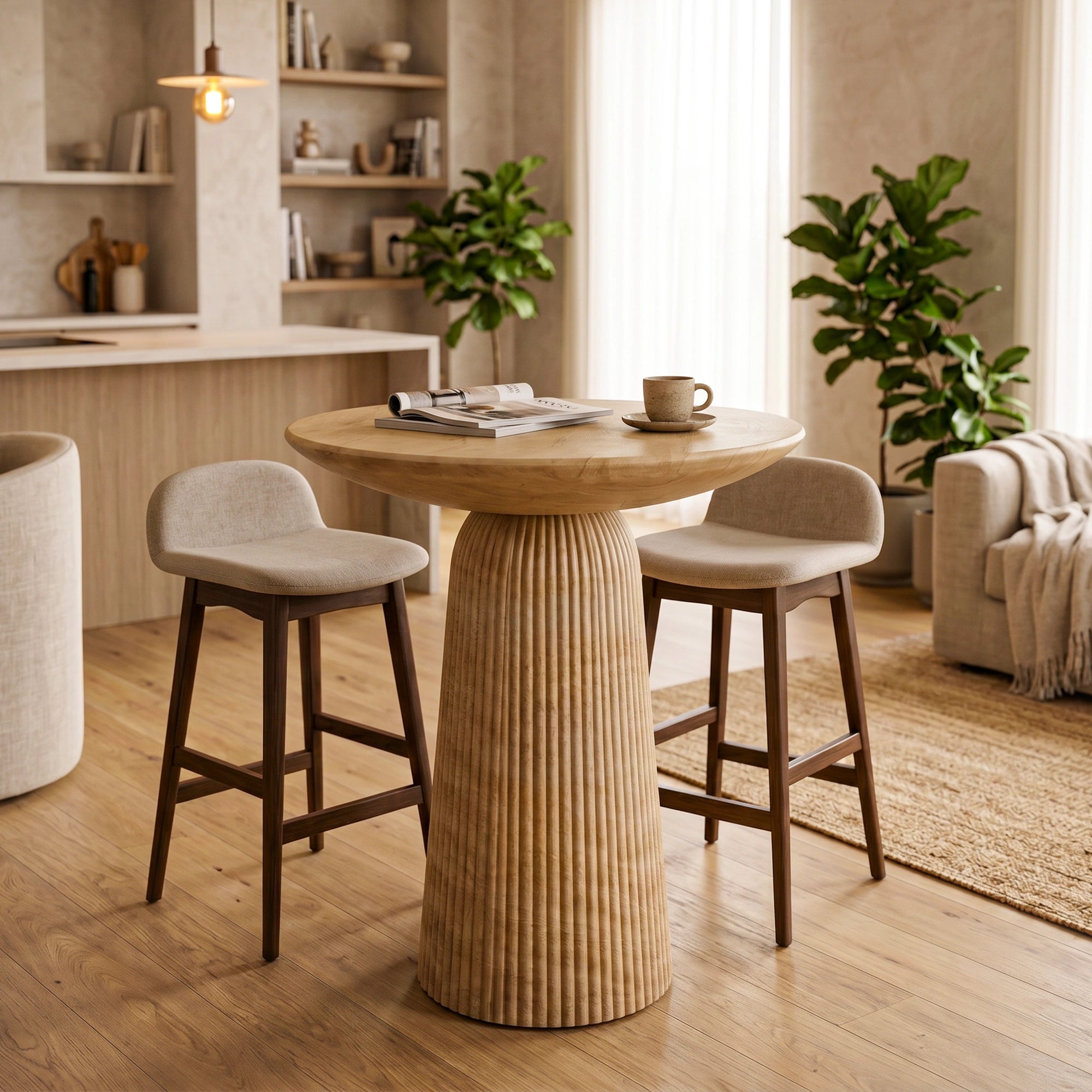 A round concrete counter-height bar table with a fluted pedestal base, in a warm, modern living space. 
