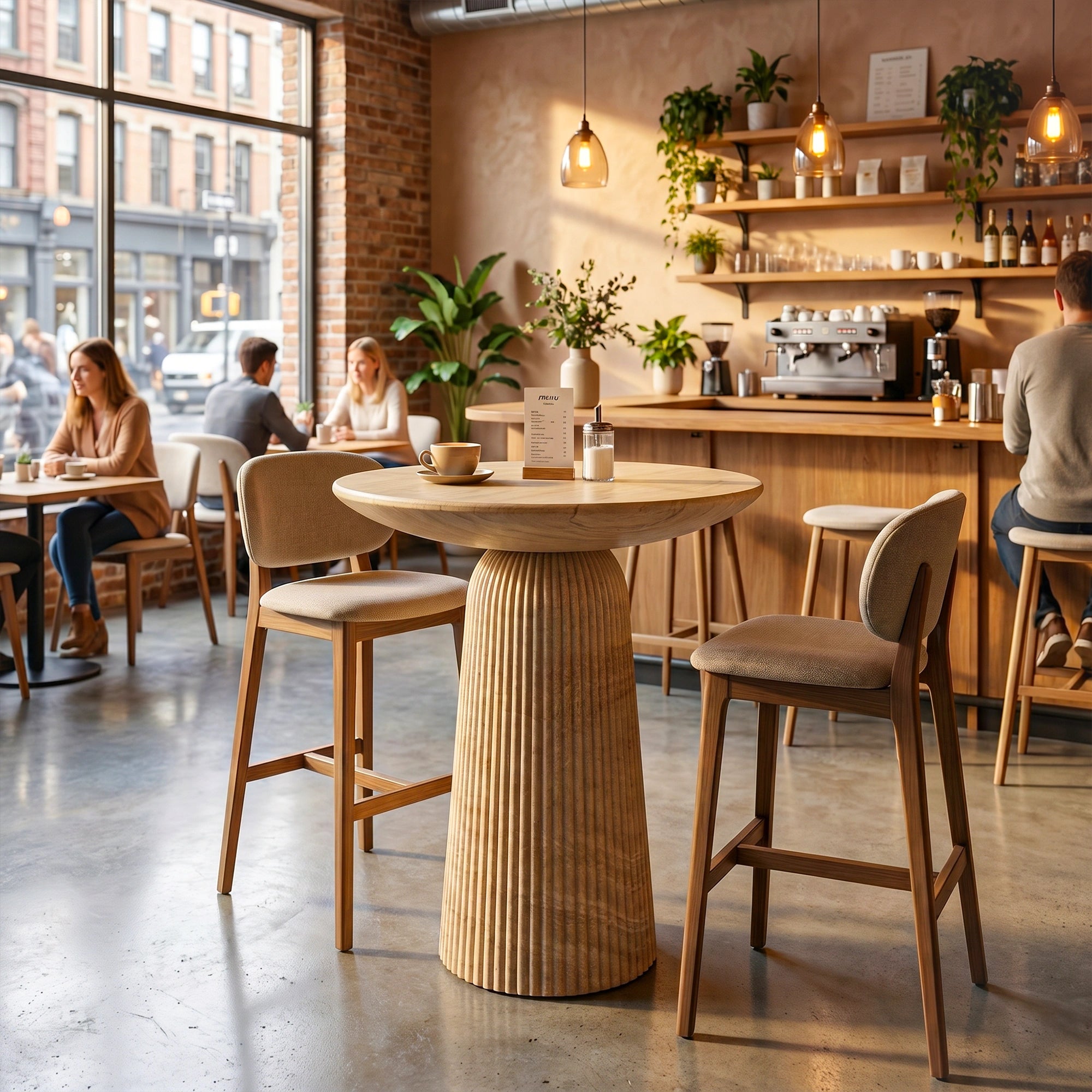 A round concrete counter-height bar table in a faux travertine finish with a fluted pedestal base in a bright, modern cafe setting. 