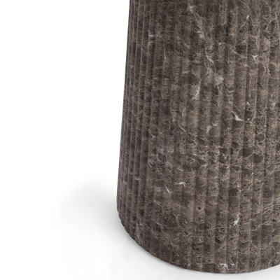 Close-up of a fluted round pedestal in a faux emperador marble finish, shown against a plain background. 