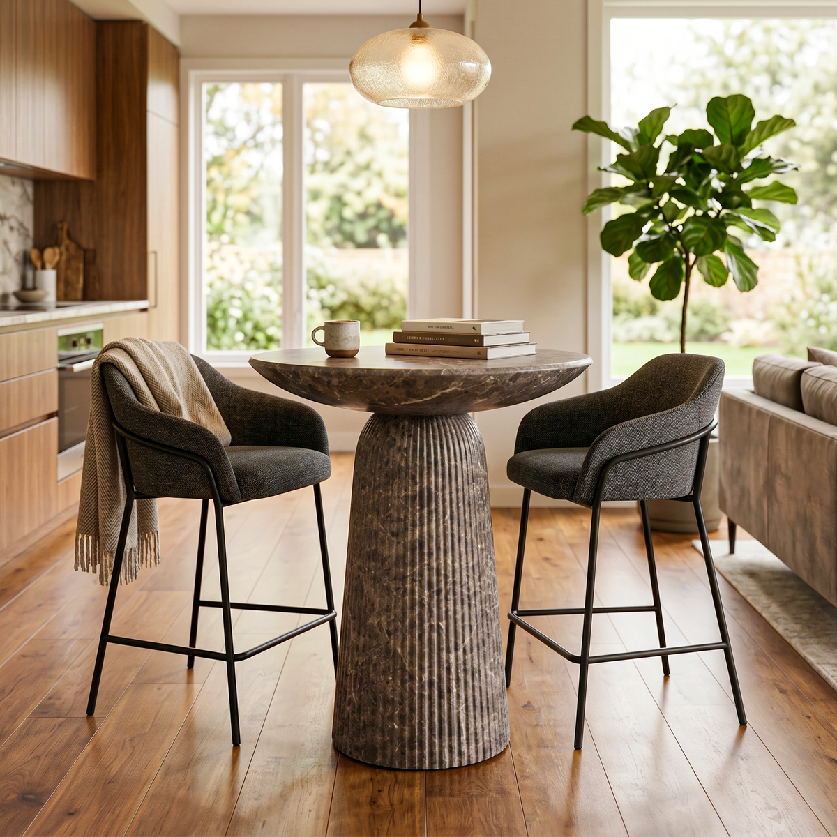 A round concrete counter-height bar table with a ribbed pedestal base, in a warm, modern living space. 