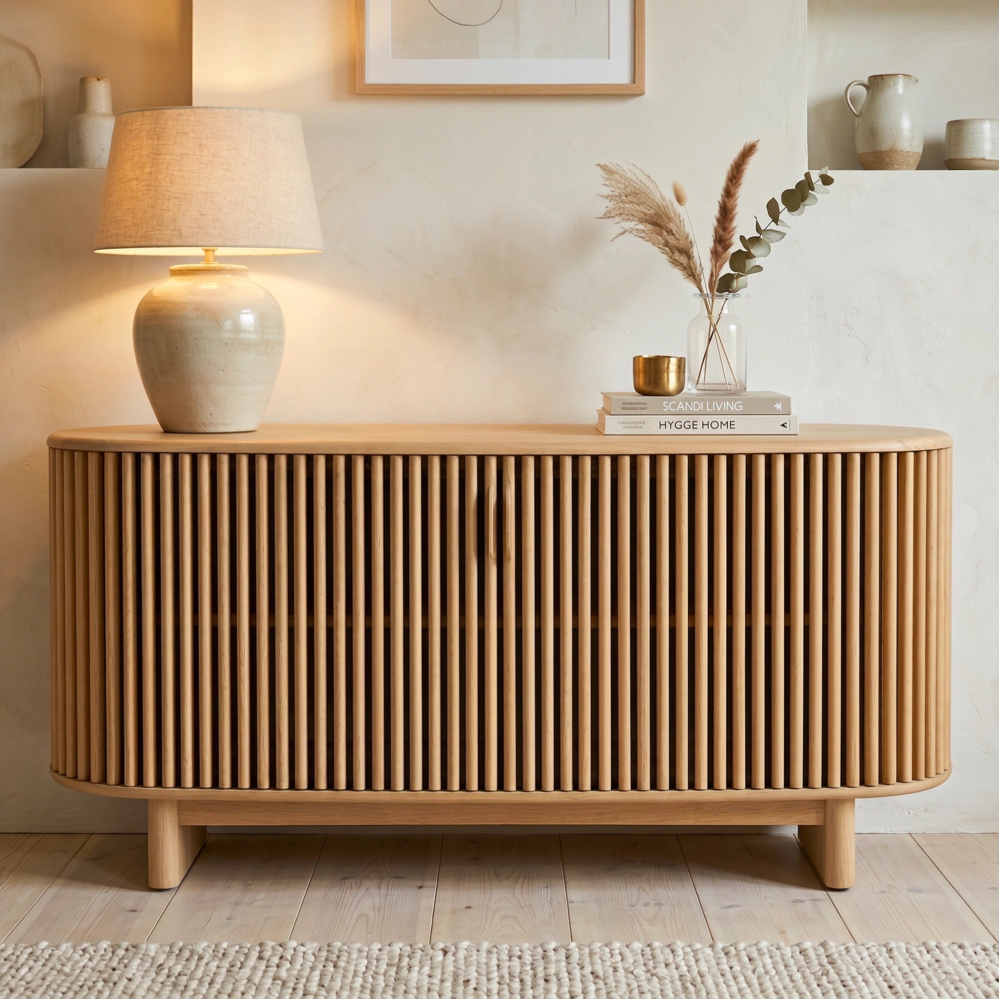Front view of the Mirren sideboard with a light oak finish, curved edges, and vertical slatted doors in a styled living room.