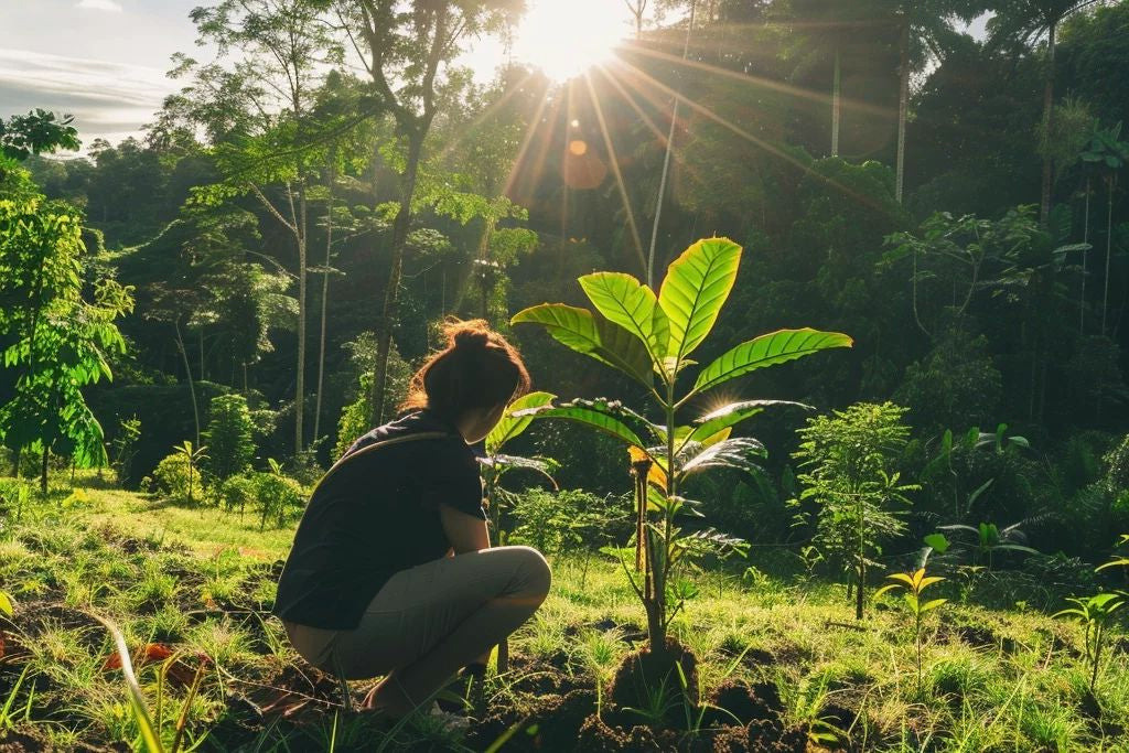 Person kneeling next to a young tree in a forest with sunlight filtering through the trees.