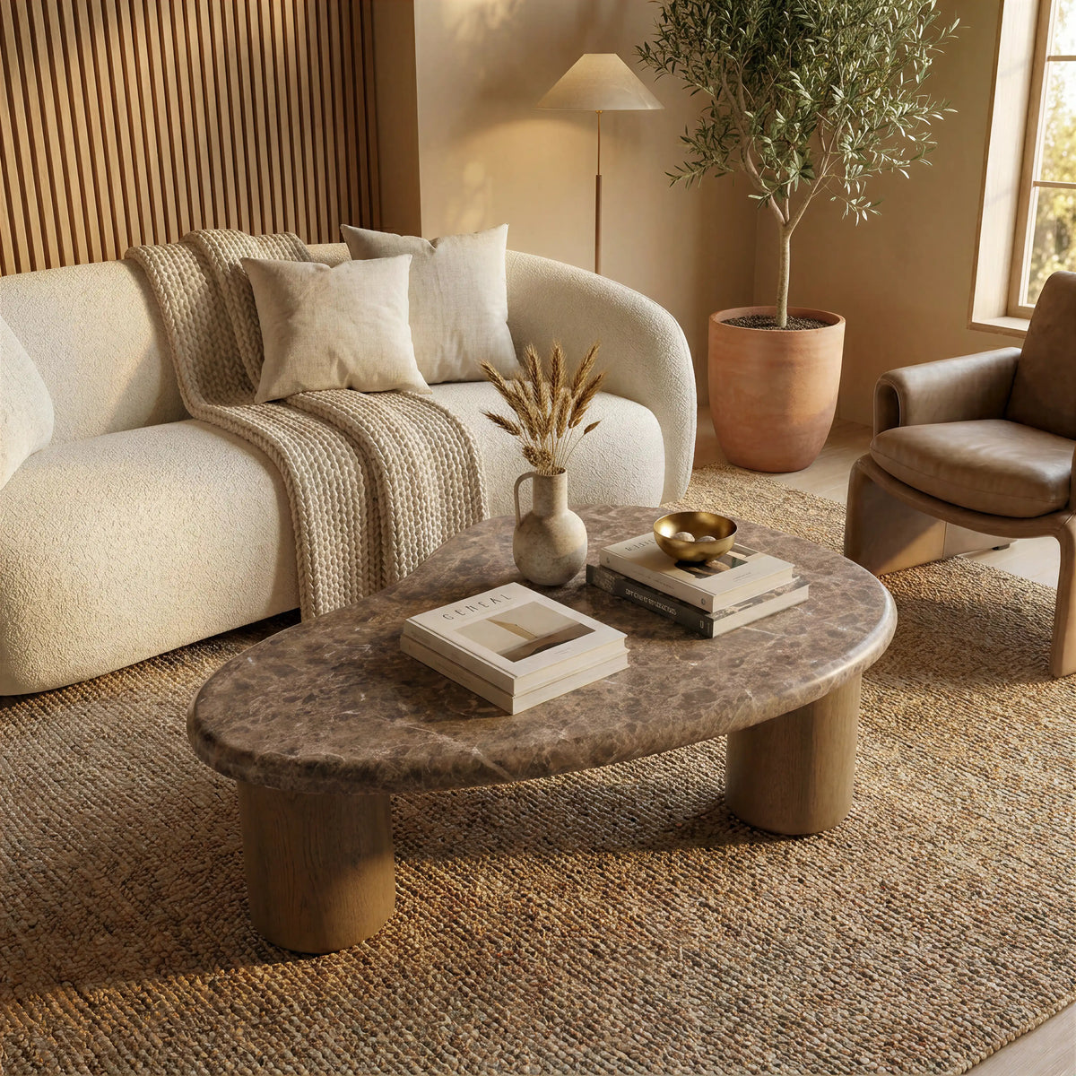A faux emperador marble top with faux wooden legs coffee table in a styled living room. Styled with a small vase, books, and a gold bowl, set on a woven jute rug next to a cream boucle sofa. 